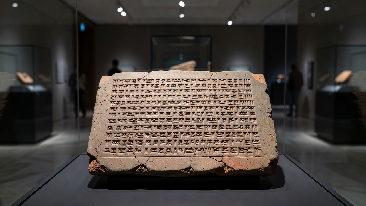 Ancient cuneiform administrative clay tablet displayed under museum illumination