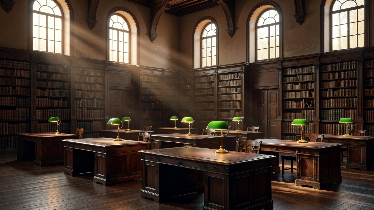 Atmospheric historic reading room with leather-bound books and arched gallery