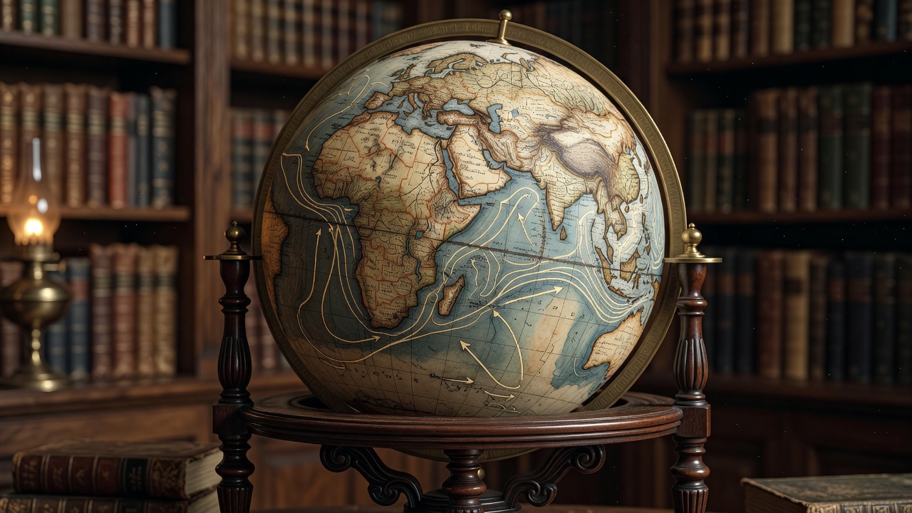 Antique terrestrial globe showing shipping lanes, trade winds, and ocean depth contours